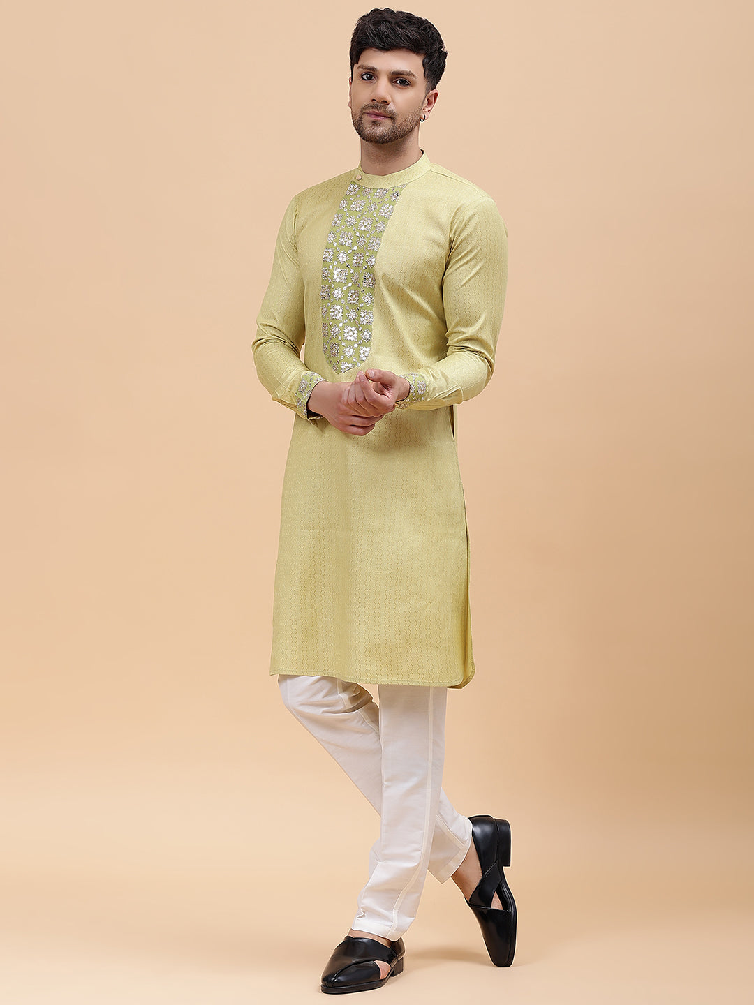 Men Gold & Green Silk Woven Design Straight Kurta With pyjama