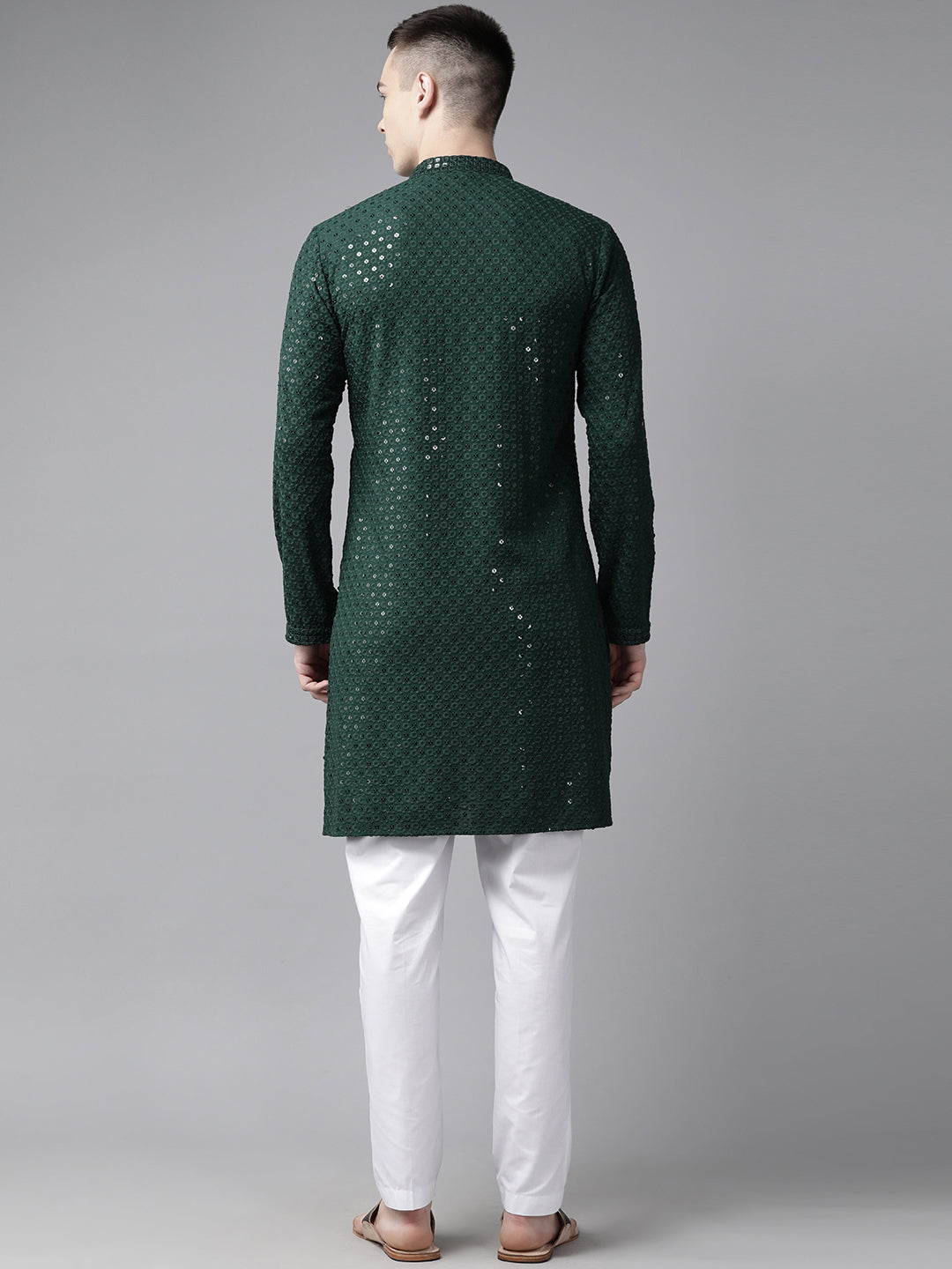 Men Green Floral Embroidered Sequins Rayon Kurta With pyjama