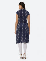 Women Navy Blue & White Khari Print Straight Kurti