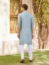 Men Teal Cotton Silk Pintex Design Thread Work Kurta