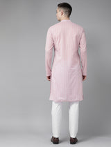 Riwaat.com Men Pink & Maroon Stripe Printed Straight Kurta Riwaat Printed