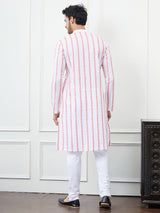 Men White And Orange Chikankari Embroidered Cotton Kurta