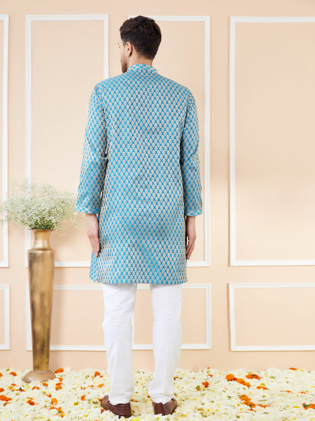 Blue Ethnic Motifs Silk Jacquard Woven Design Straight Kurta with Pyjama