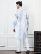 Men White And Blue Chikankari Embroidered Cotton Kurta Set