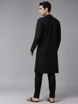 Men Midnight Black Pure Cotton Embroidered Straight Kurta With Pajama