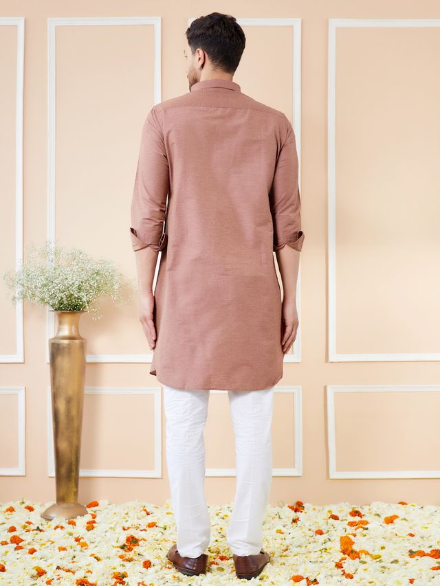 Men Brown Cotton Solid Pathani Kurta
