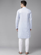 Men Light Blue with White Pattern Pure Cotton Embroidered Straight Kurta With Pajama