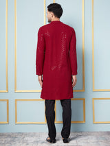 Men Maroon Floral Embroidered Sequined Rayon Kurta & Black Pajama