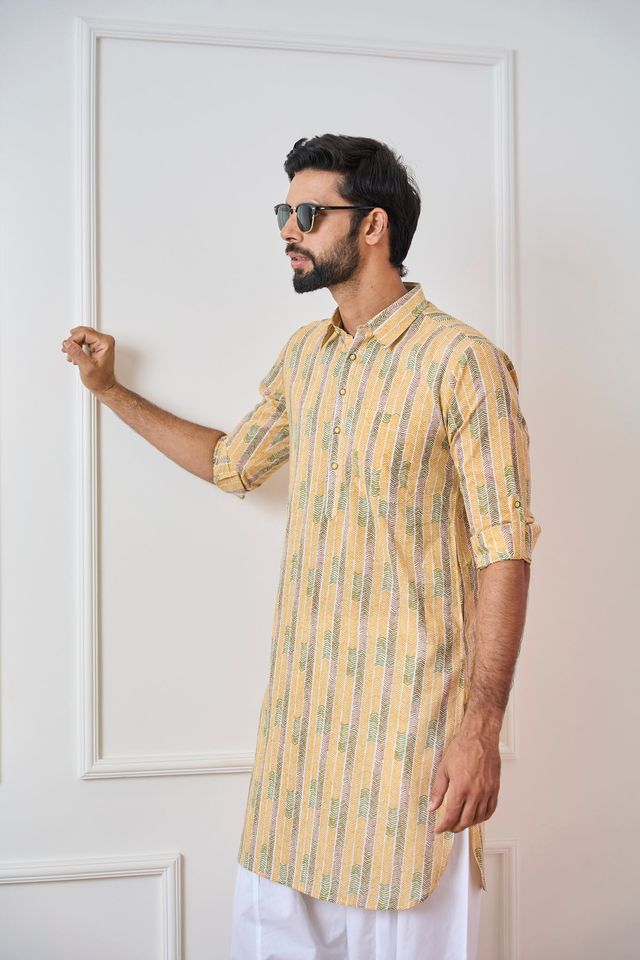 Yellow Regular Pure Cotton Pathani Kurta With White Salwar