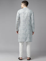 Men Off White & Grey Pure Cotton Embroidered Straight Kurta With Pajama