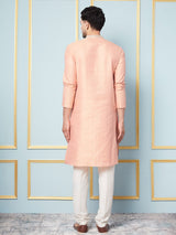 Riwaat.com Men Peach Embroidery Cotton Kurta Riwaat Embroidered