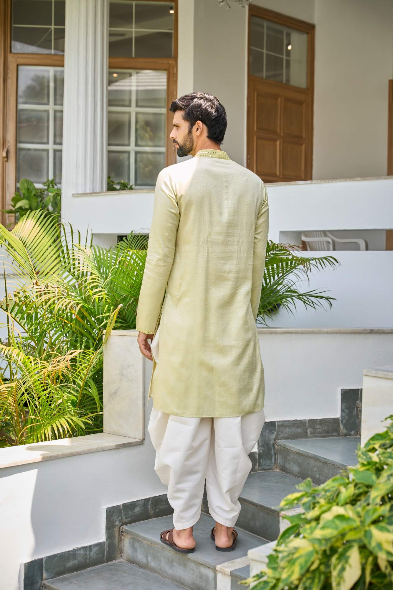 Men Olive Thread Work Yoke Design Kurta