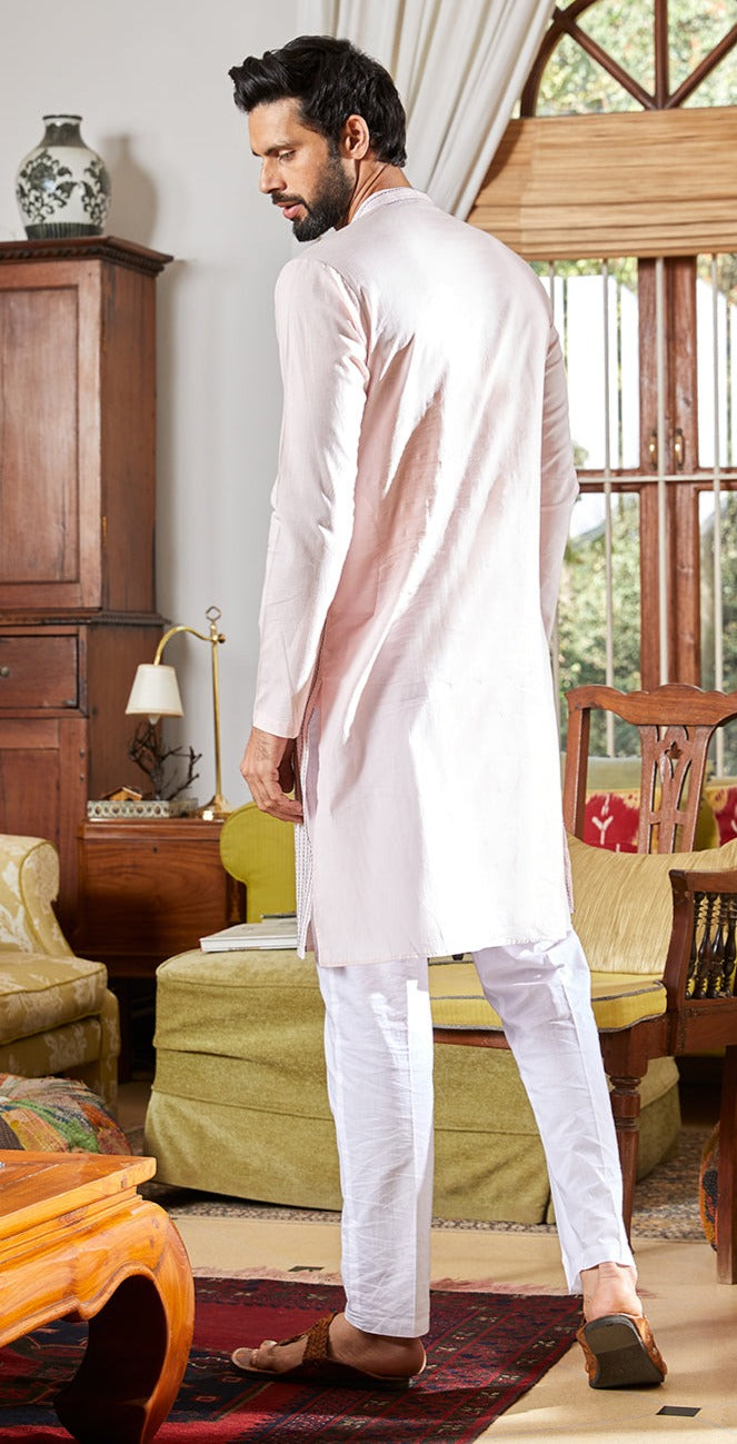 Men Blush Pink with Navy Stripes Cotton Pintex Design Sequins Kurta