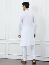 Men White with Subtle Pink Striped Kurta and Pajama