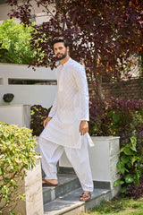 Men White Chikankari Embroidered Straight Kurta With White Salwar