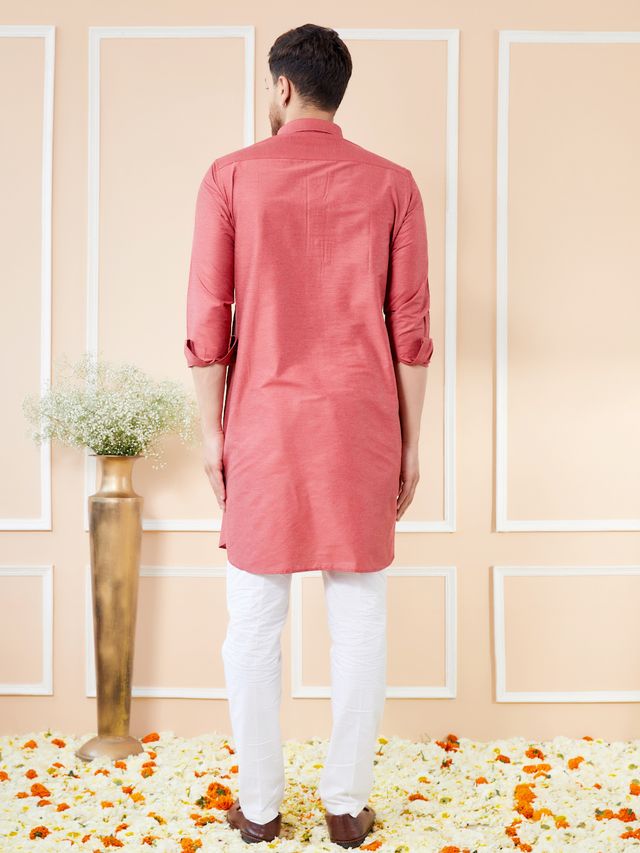 Men Red Cotton Solid Pathani Kurta