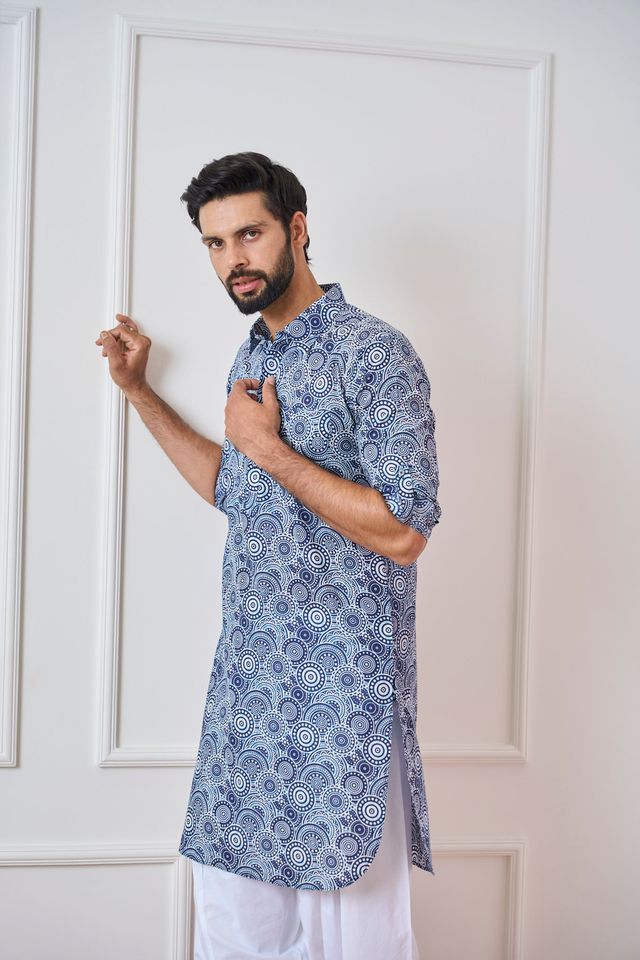 Men Blue Regular Pure Cotton Pathani Kurta With White Salwar