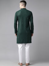 Men Bottle Green Floral Embroidered Sequined Rayon Kurta