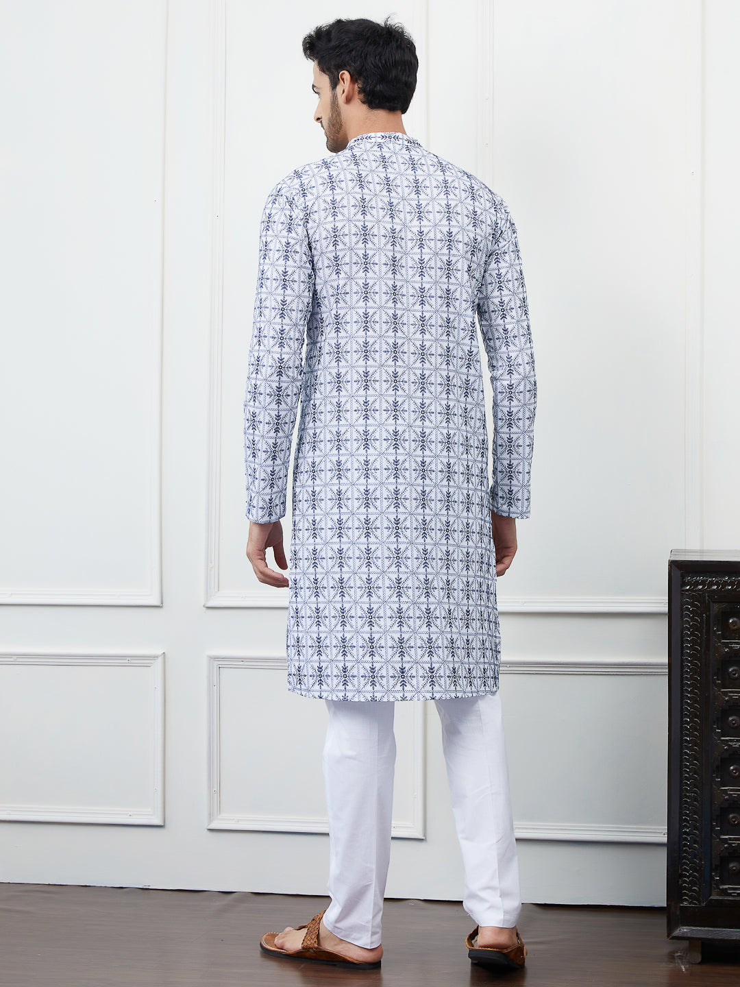 Men Cream And Blue Chikankari Embroidered Cotton Kurta Set