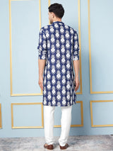 Men Blue and White Printed Kurta With pyjama