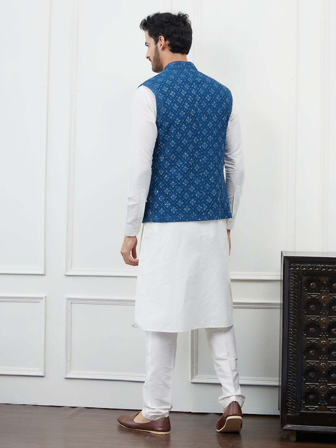 Men Blue Color Woven Design Embroidery With Sequence Cotton Nehru Jacket