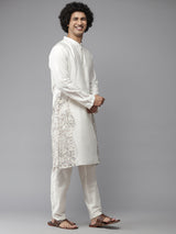 Men Off-White Cotton Silk Straight Kurta