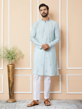 Light Cyan Embroidered Pure Chanderi Silk Straight Kurta with Pyjama