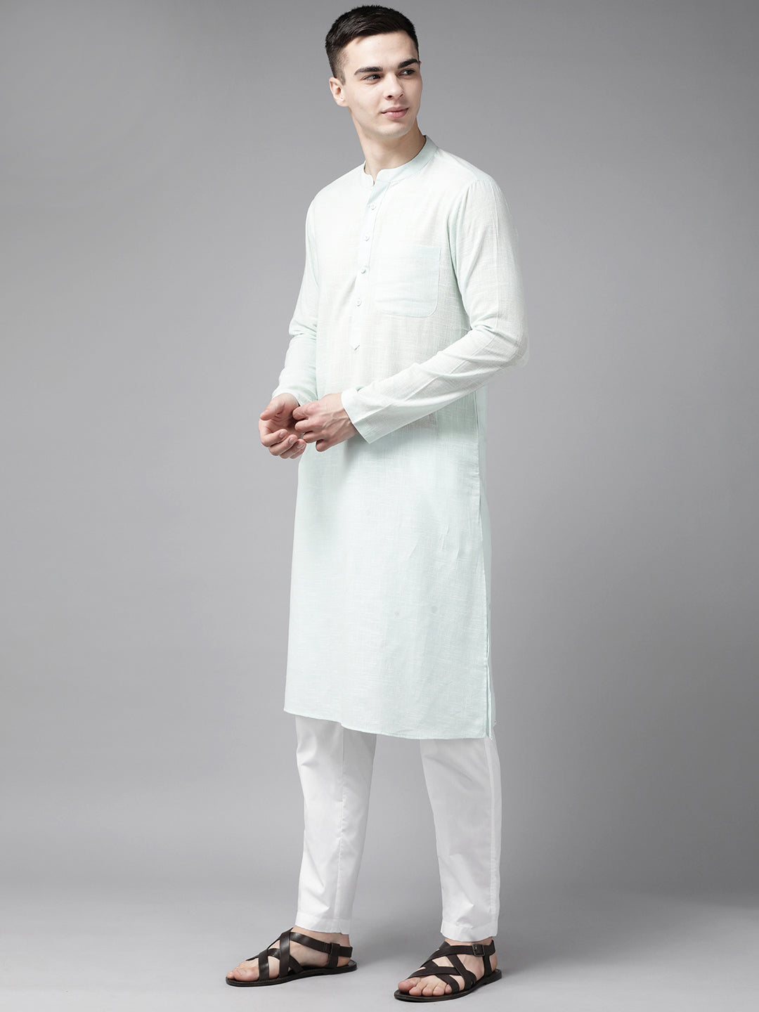 Riwaat.com Men Teal Blue & Beige Printed Pure Cotton Kurta Pajama With Nehru jacket Riwaat Indo Western