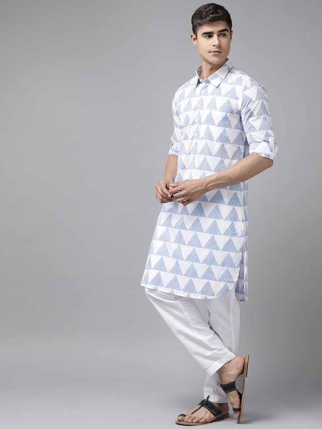 Men White Regular Pure Cotton Pathani Printed Men's Kurta With White Salwar