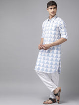 Men White Regular Pure Cotton Pathani Printed Men's Kurta With White Salwar