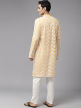 Men White & Mustard Pure Cotton Embroidered Straight Kurta