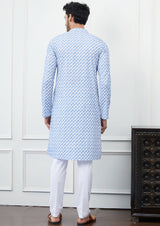 Men White And Blue Cross Pattern Chikankari Embroidered Cotton Kurta