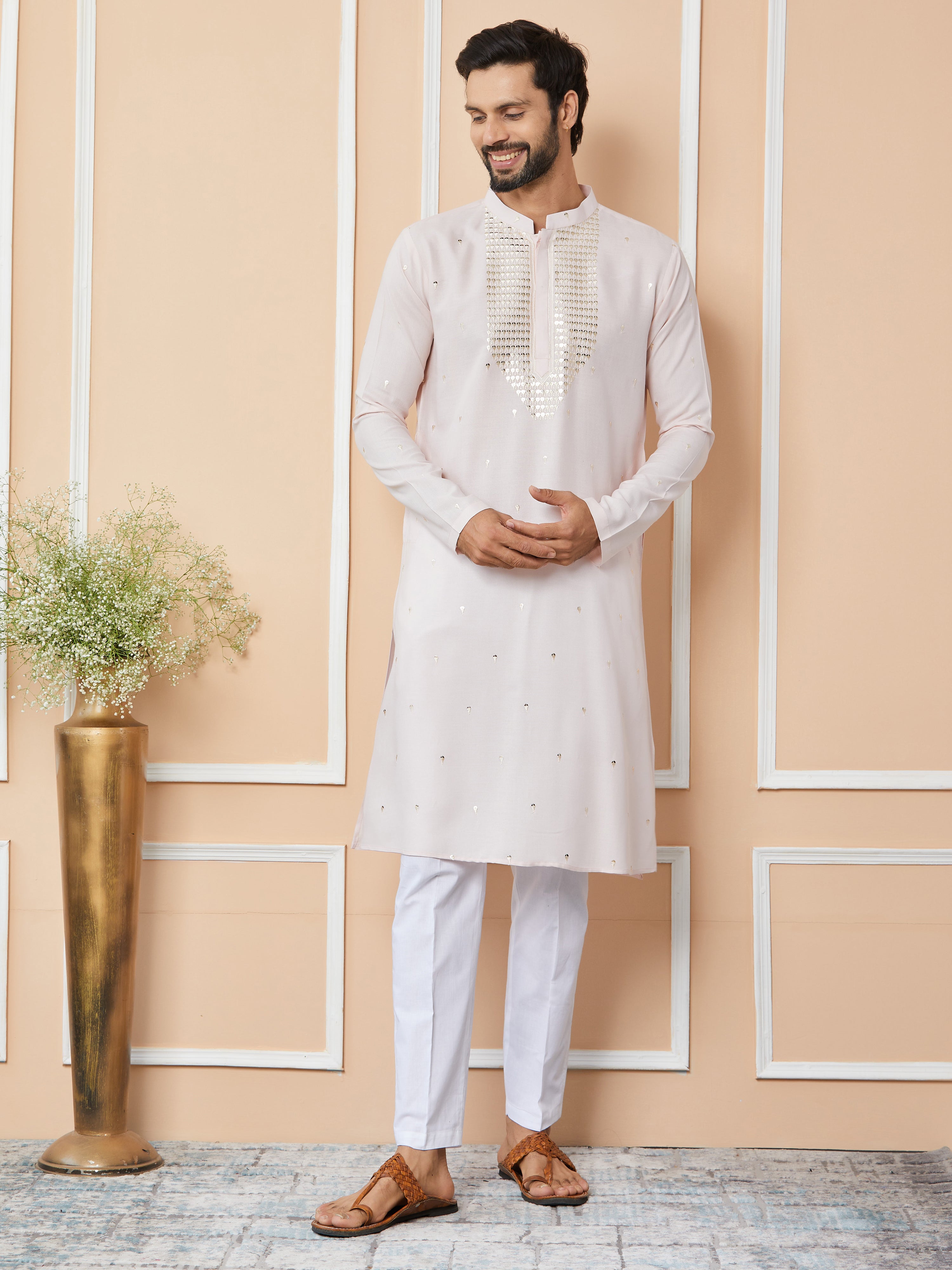 Light Pink Sequins Embroidered Rayon Straight Kurta with Yoke Design and Pyjama