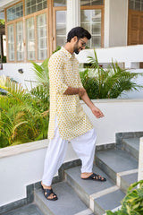 Men Yellow Regular Pure Cotton Pathani Kurta With White Salwar