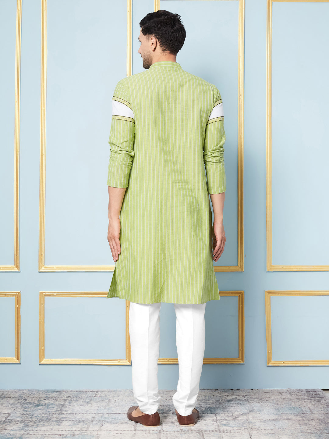 Men Lime Green And White Thread Work Kurta