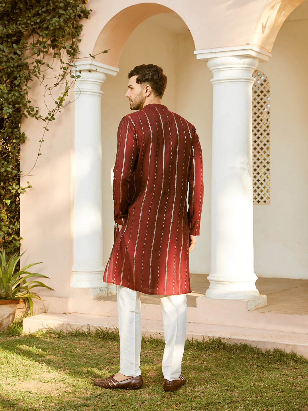 Men Maroon And Gold Chanderi Silk Sequins Kurta