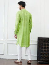 Men Green Sequinses Cotton Kurta Set