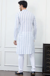 Men White And Blue Striped Chikankari Embroidered Cotton Kurta