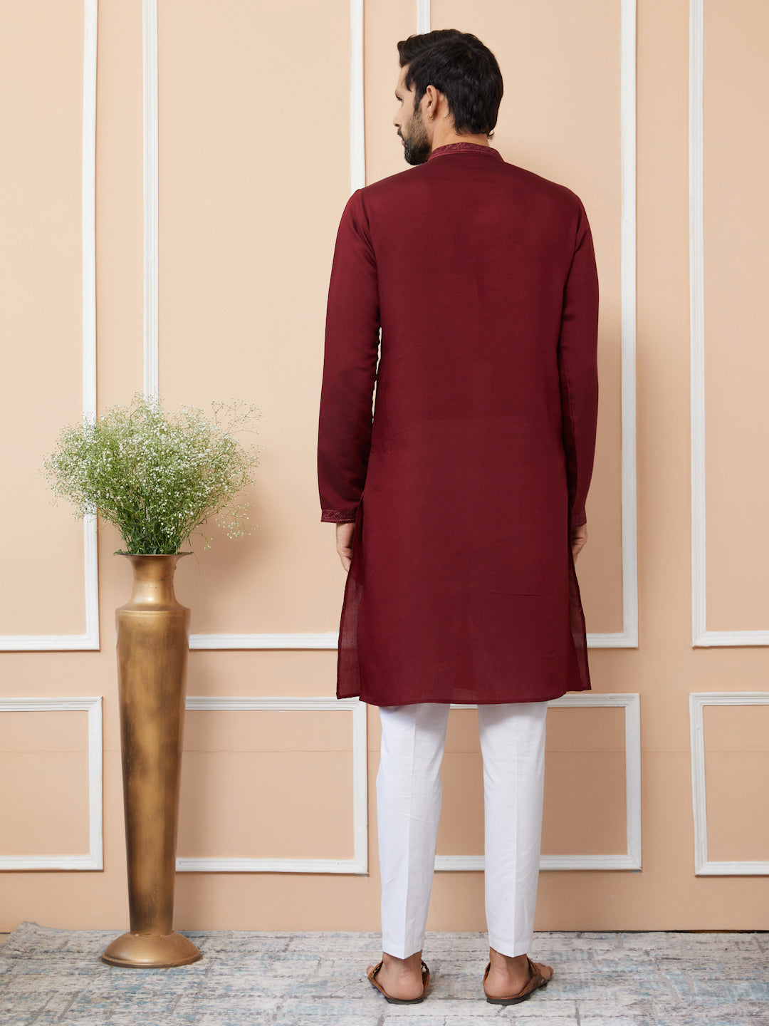 Dark Maroon Embroidered Chanderi Silk Straight Kurta with Pyjama