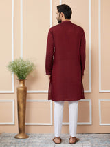 Dark Maroon Embroidered Chanderi Silk Straight Kurta with Pyjama