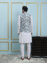 Men White And Blue Color Printed Cotton Nehru Jacket