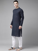 Riwaat.com Men Blue Pure Cotton Kurta Pajama With Indigo Impressions Nehru jacket Riwaat Indo Western