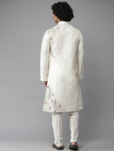 Men Ivory with Rust and Grey Embroidery Cotton Silk Straight Kurta With Pajama