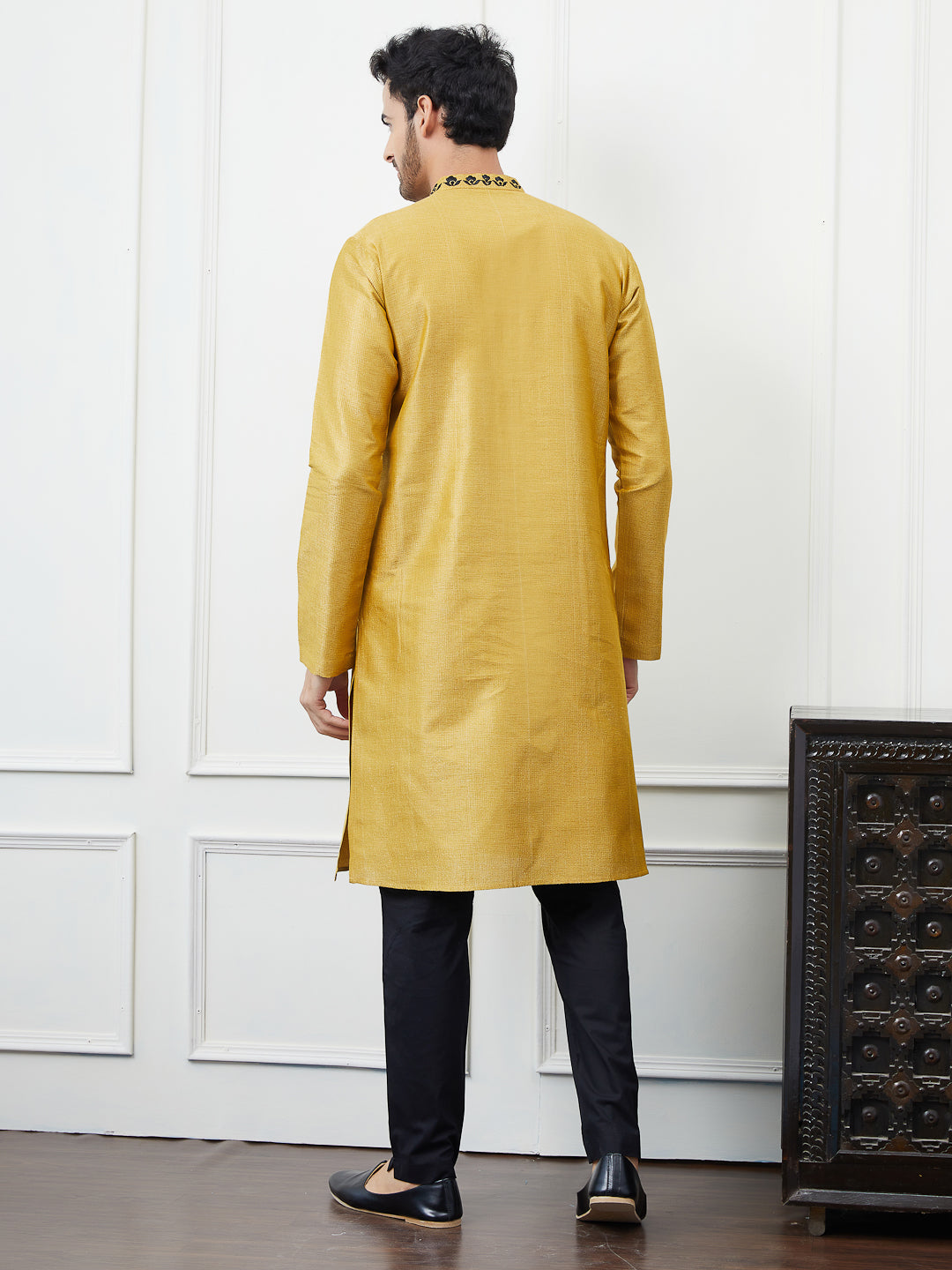 Riwaat.com Men Mustard & Black Embroidery Cotton Kurta Riwaat Embroidered Haldi