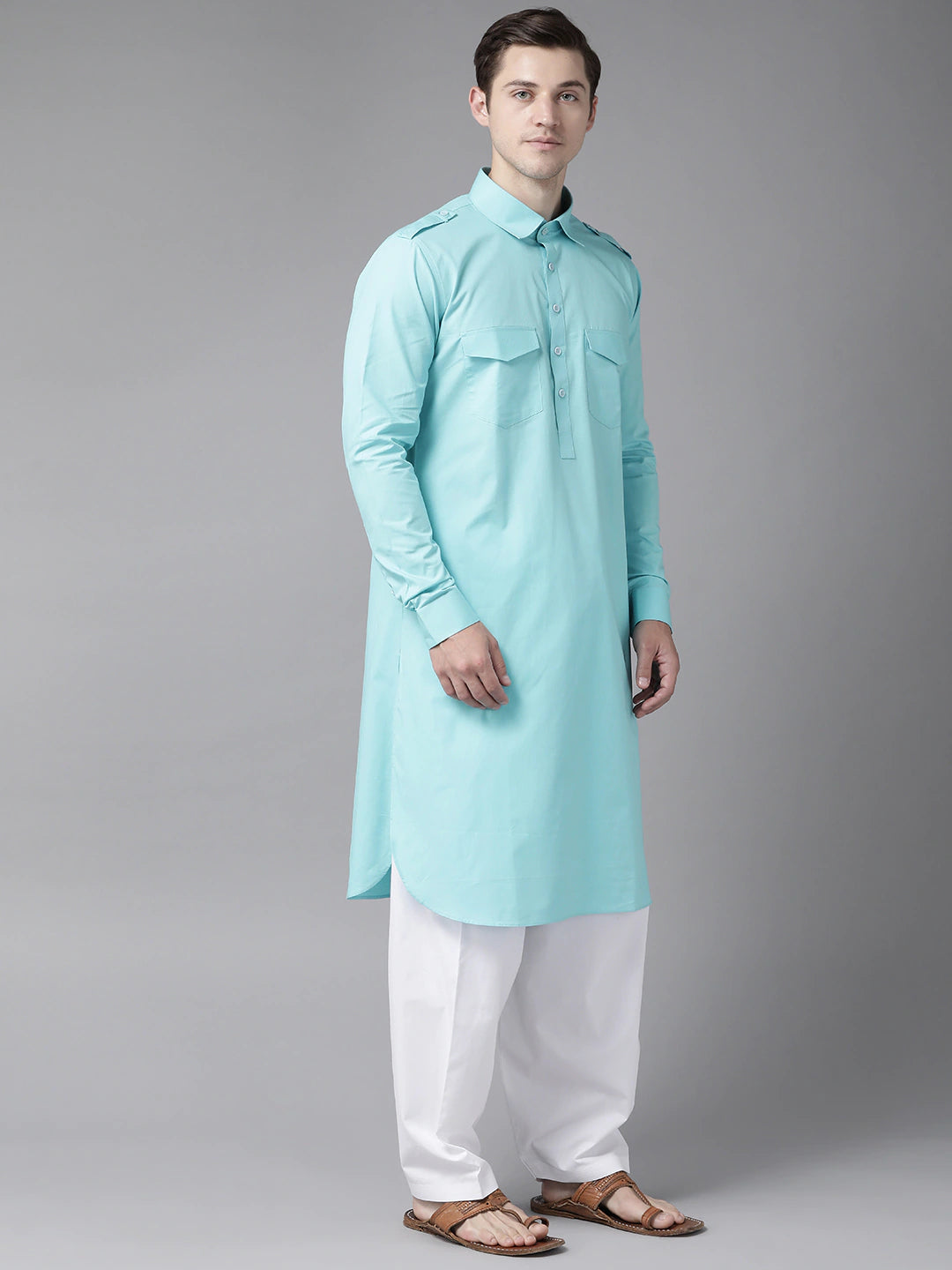 Riwaat.com Men Turquoise Pathani Kurta with Salwar Riwaat Pathani Plain