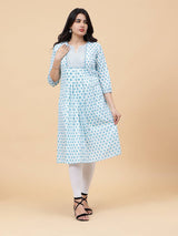 Women Blue And White Floral Yoke Design Embroidery Cotton Kurti