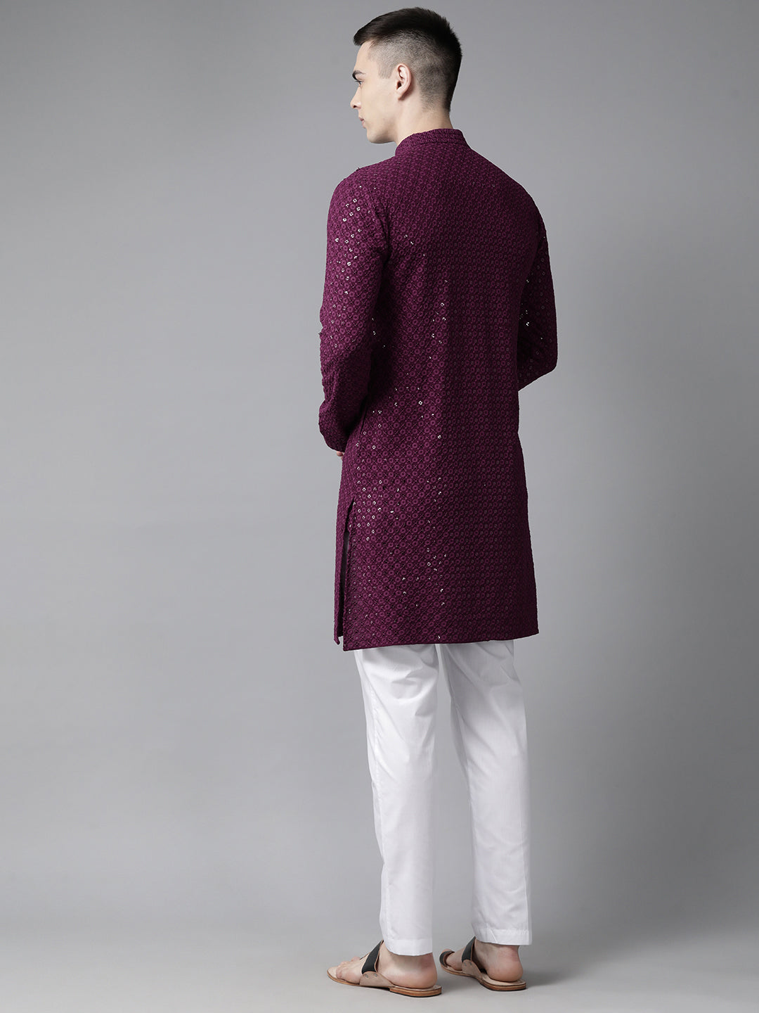 Men Megenta Embroidered Sequins Rayon Kurta With pyjama