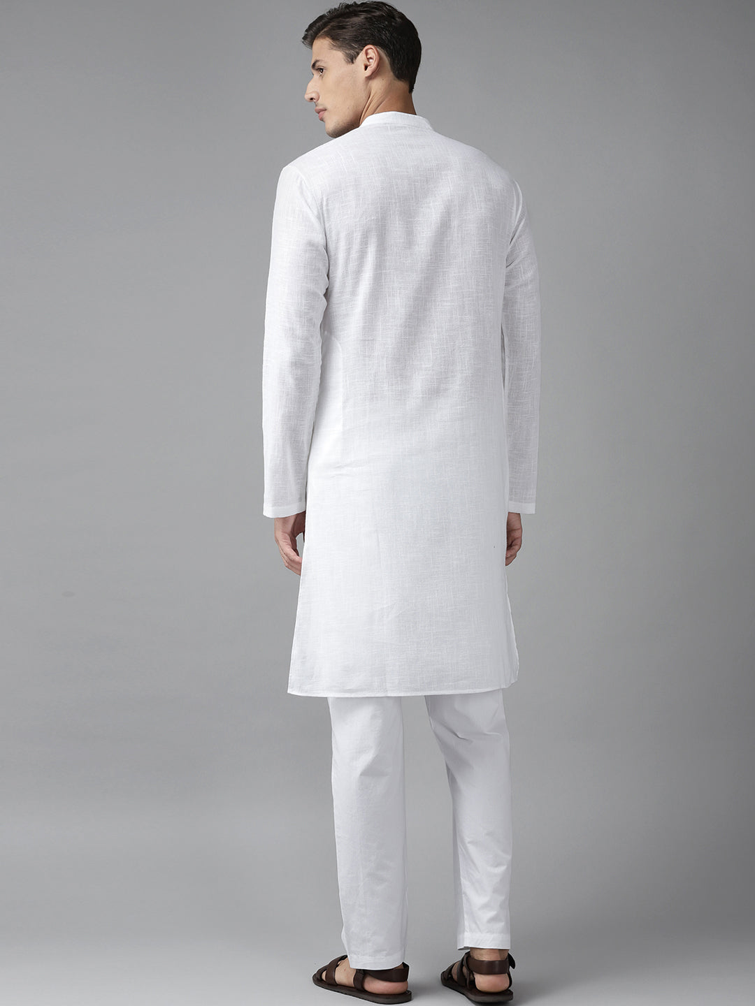 Men White Cotton Straight Kurta with Slub Effect With Pajama