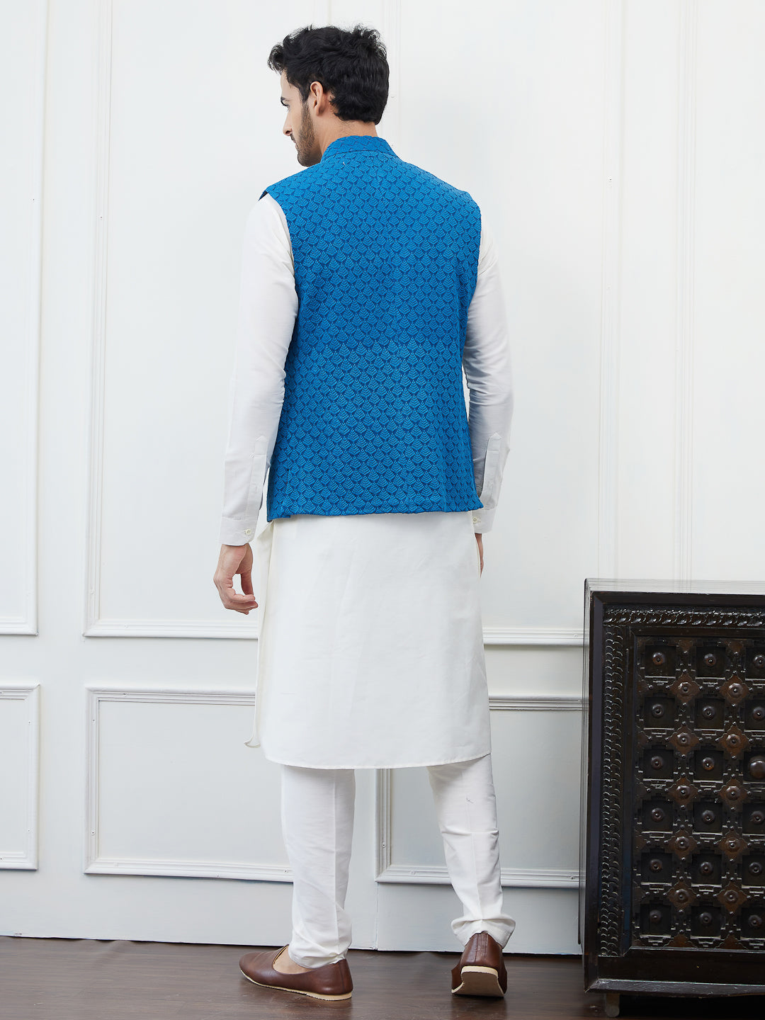 Men Blue Color Woven Design Embroidery Cotton Nehru Jacket