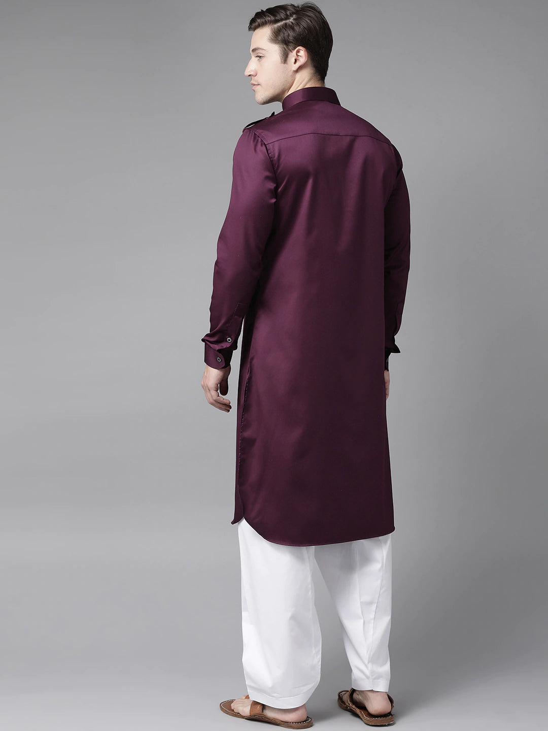 Riwaat.com Men Wine Pathani Kurta with Salwar Riwaat Pathani Plain